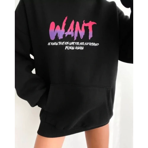 Baskılı Üç İplik Kapüşonlu Oversize Sweatshirt - Siyah