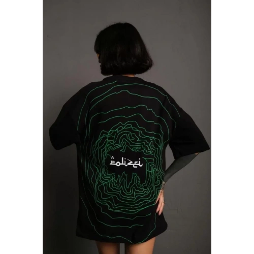 Bisiklet Yakalı Sırt Baskılı Oversize T-Shirt - Siyah