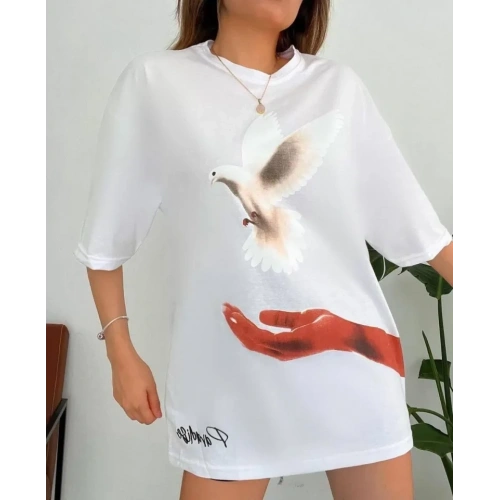 Dijital Baskılı T-Shirt - Beyaz