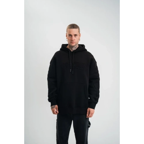 Double Oversize Kapşonlu Nakışlı SweatShirt - Siyah
