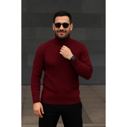 Erkek Balıkcı Yaka Bağazlı Triko Kazak Pamuklu Kalın Fitilli Dokuma, Regular Fit Uzun Kollu Kışlık Model - Bordo