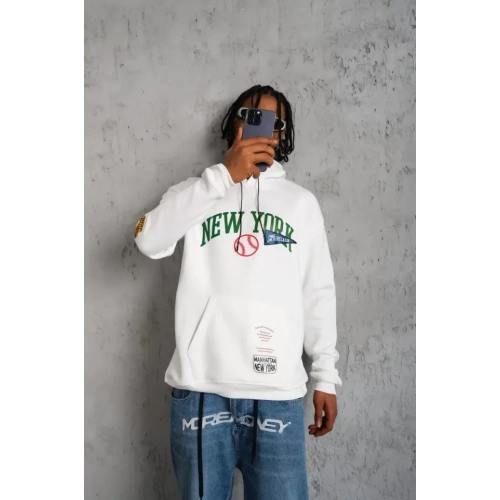 Erkek Baskılı Kapüşonlu Sweatshirt - Beyaz