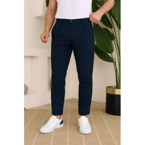 Erkek Belden Düğmeli Cepli Dokuma Pantolon