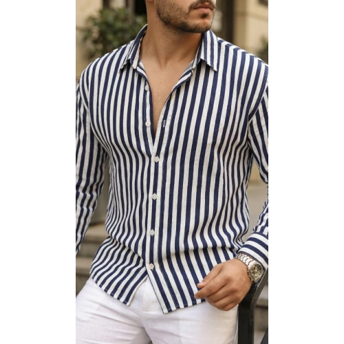 Erkek Dikey Çizgili Yarım Oversize Gömlek