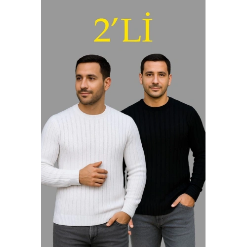 Erkek Fitilli Triko Kazak 2’li Set – Siyah - Beyaz, Kalın Dokuma Pamuklu Regular Fit Bisiklet Yaka Uzun Kollu Rahat Kışlık Kazak Kombini