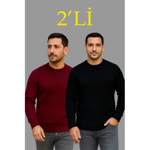 Erkek Fitilli Triko Kazak 2’li Set – Siyah - Bordo, Kalın Dokuma Pamuklu Regular Fit Bisiklet Yaka Uzun Kollu Rahat Kışlık Kazak Kombini