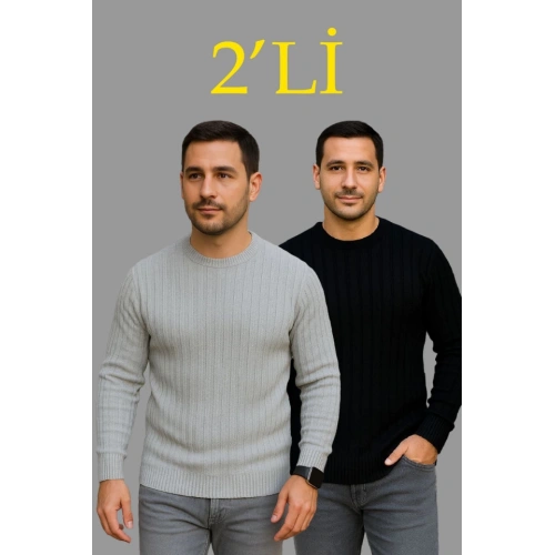 Erkek Fitilli Triko Kazak 2’li Set – Siyah - Gri, Kalın Dokuma Pamuklu Regular Fit Bisiklet Yaka Uzun Kollu Rahat Kışlık Kazak Kombini