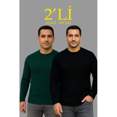 Erkek Fitilli Triko Kazak 2’li Set Siyah Haki Kalın Dokuma Pamuklu Regular Fit Bisiklet