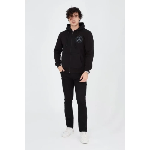 Erkek Kapüşonlu Baskılı Fermuarlı Hırka - Siyah