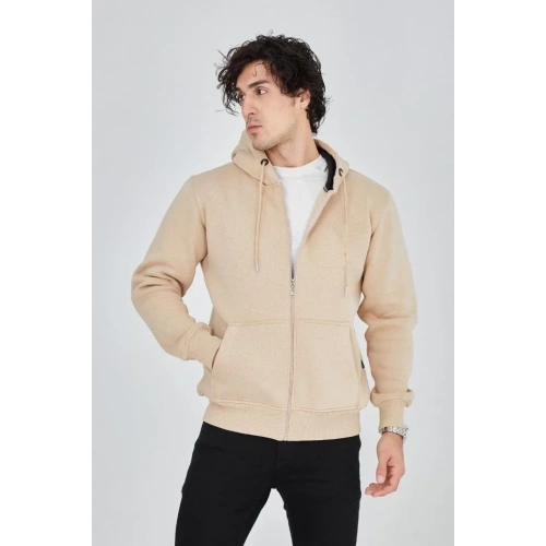 Erkek Kapüşonlu Düz Fermuarlı Hırka - Bej