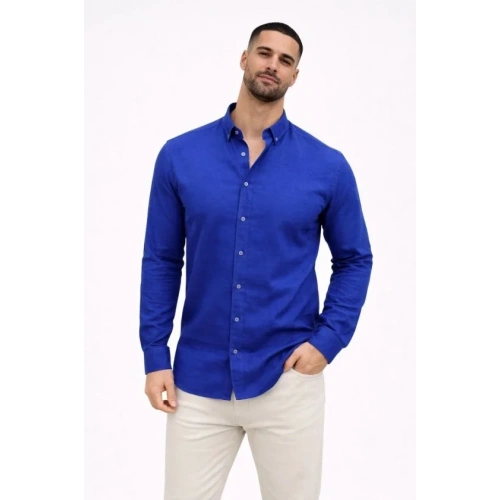Erkek KETEN Kumaş Oversize Uzun Kollu Rahat Kalıp Gömlek - Saks Mavisi