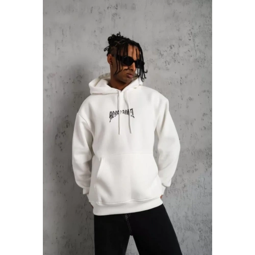 Erkek Kordon İpli Baskılı Kapüşonlu Sweatshirt - Beyaz