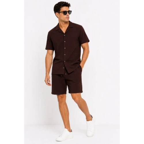 Erkek Krep Kumaş Nefes Alan Kısa Kollu Gömlek Cepli Şort Alt Üst Takım - Kahverengi