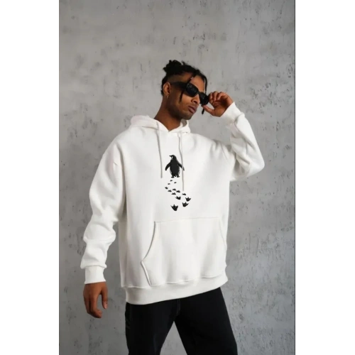 Erkek Nihilist Penguen Temalı Oversize Kapüşonlu Sweatshirt - Beyaz