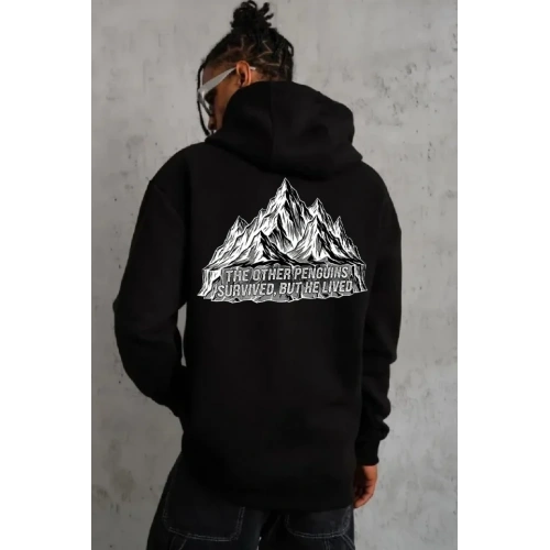 Erkek Nihilist Penguen Temalı Oversize Kapüşonlu Sweatshirt - Siyah