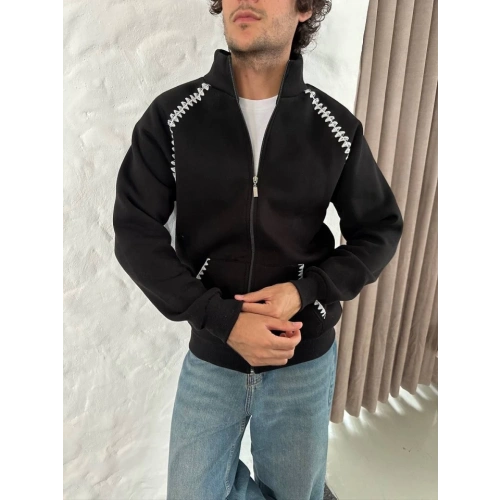 Erkek Oversize Dik Yaka Fermuarlı Sweatshirt - Zincir Nakışli Kanguru Cepli - Siyah
