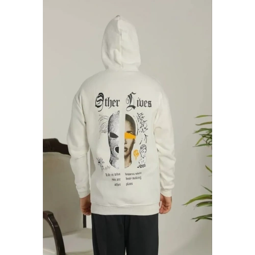 Erkek Sırt Baskılı Oversize Üç İplik Kapüşonlu Sweatshirt - Beyaz