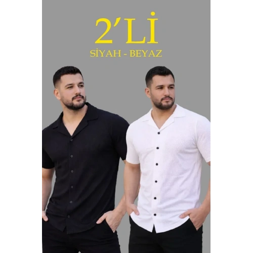 Erkek Waffle Dokuma Açık Yakalı Düğmeli Regular Kalıp 2’li Gömlek Seti - Siyah - Beyaz