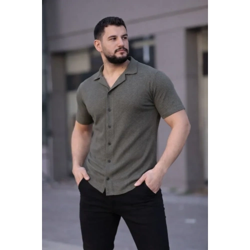 Erkek Waffle Kumaş Kısa Kollu Düğmeli Açık Yaka Regular Fit Gömlek - Haki