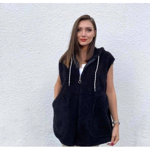 Kadın Kapüşon Ve Fermuar Detay Welsoft Kolsuz Yelek