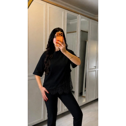 Kadın Kısa Kollu Bisiklet Yakalı Dantel Detaylı Viskon Iki Iplik Bluz