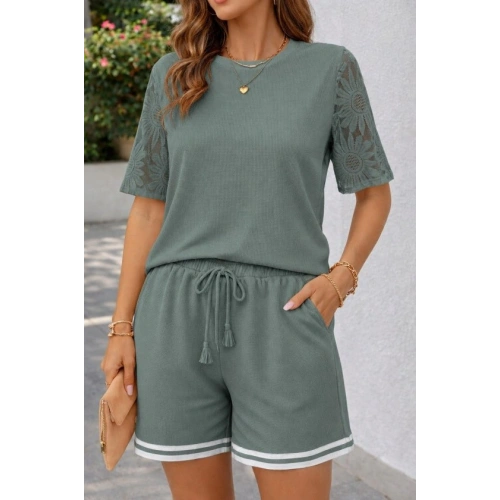 Kadın Kısa Kollu Bisiklet Yakalı Waffle Bluz Ve Short Ikili Takım