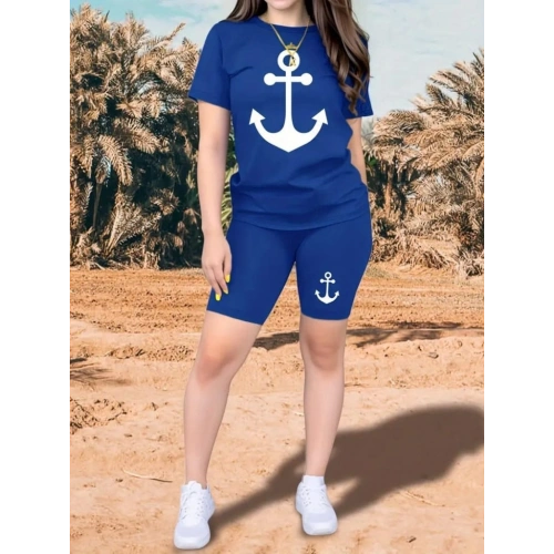 Kadın Kısa Kollu çapa Baskılı Viskon Ikili Takım