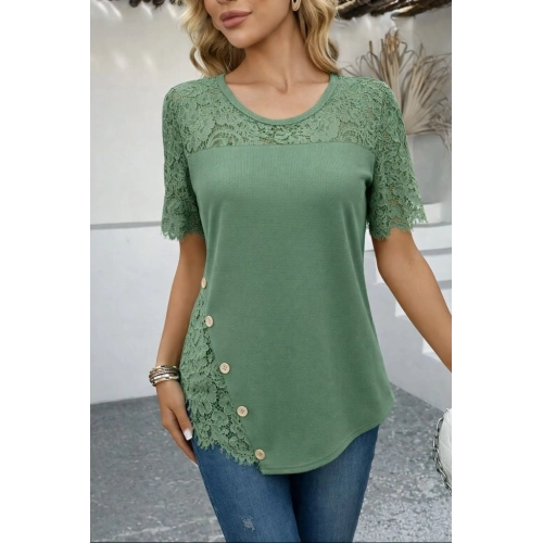 Kadın Kısa Kollu Dantel Detaylı Yandan Düğmeli Waffle Bluz