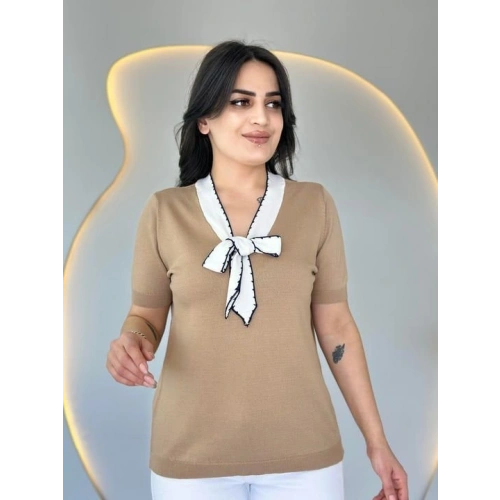 Kadın Kısa Kollu V Yaka Fular Detay Merserize Triko Bbluz