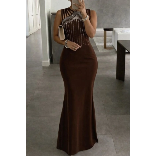 Kadın Omuz çoklu Askılı önü Taş Işlemeli Balık Kesim Janjan Krep Maxi Boy Elbise