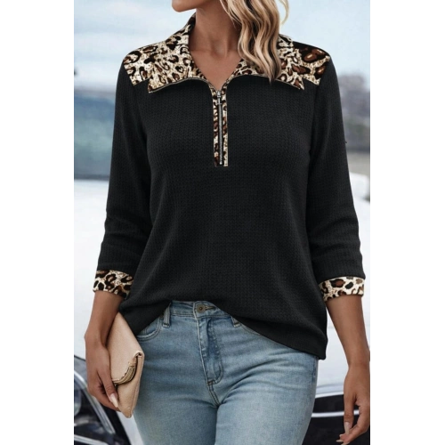Kadın Uzun Kollu Leopar Yakalı Fermuarlı Waffle Bluz
