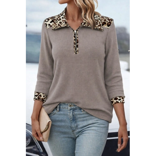 Kadın Uzun Kollu Leopar Yakalı Fermuarlı Waffle Bluz