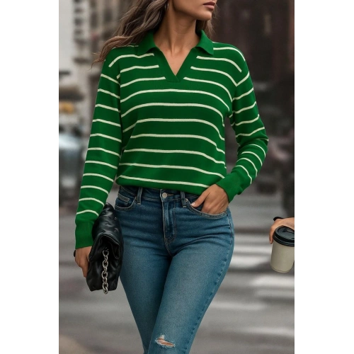 Kadın Uzun Kollu V Yaka çizgili Triko Bluz