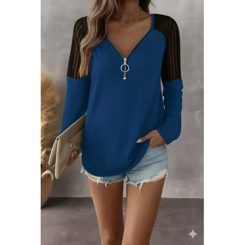 Kadın Uzun Kollu Yakadan Fermuarlı Viskon Bluz