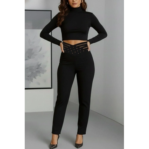 Kadın Yüksek Bel çapraz şerit Detaylı Ithal Krep Pantolon