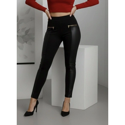 Kadın Yüksek Bel Deri Detaylı Fermuarlı Dalgıç Tayt