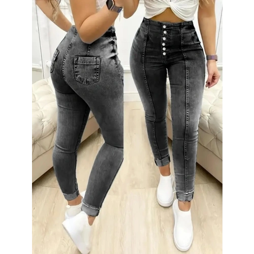 Kadın Yüksek Bel önden Düğmeli Jean Pantolon