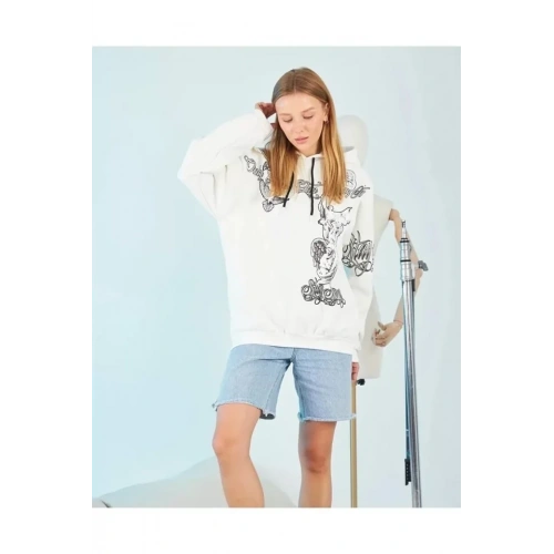 Kapüşonlu Strong Heykel Baskılı Sweatshirt - Beyaz