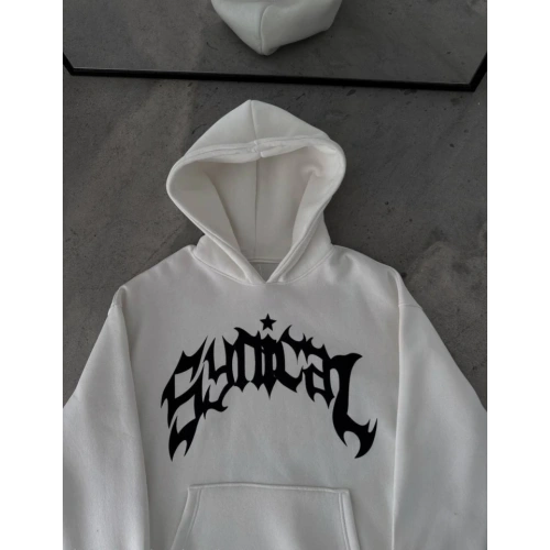 Kışlık Kapşonlu Baskılı Oversize SweatShirt- Beyaz