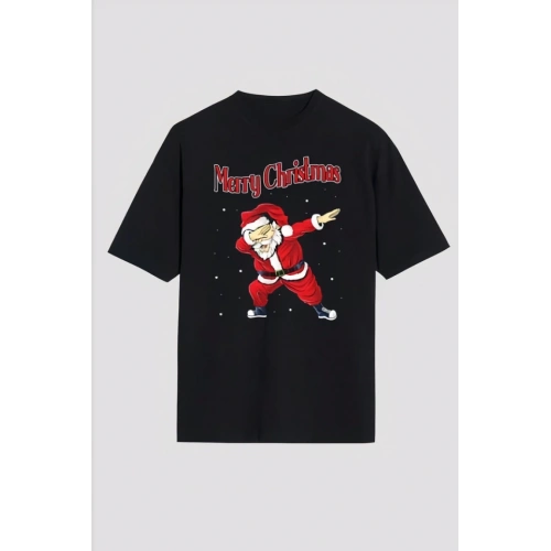Merry Christmas Baskılı Noel Babalı T-shirt - Siyah