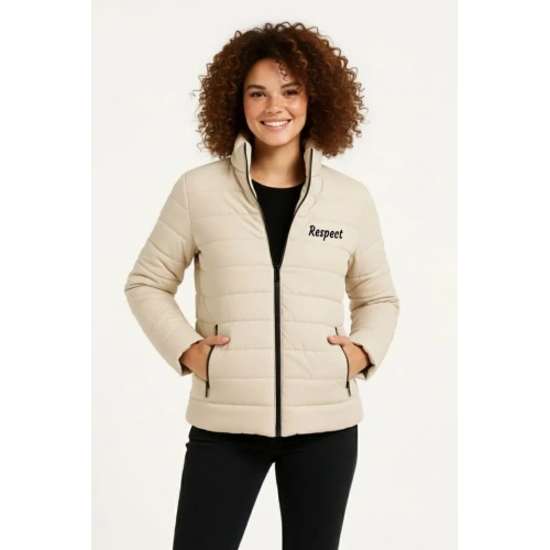 Mikro Su İtici Kapitone Baskılı Astarlı Fermuarlı Bomber Mont - Bej