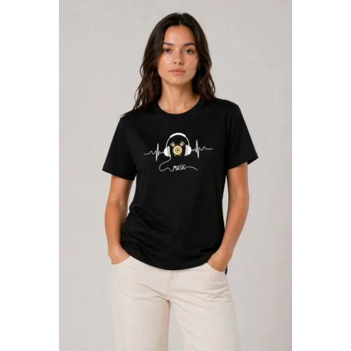 Müzik Temalı Baskılı Tişört Bisiklet Yaka Kısa Kol T-Shirt - Siyah
