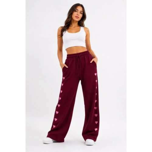 Osy Modal Yumuşak Dokulu Nakışlı Cepli Oversize Bol Paça Eşofman Altı - Bordo