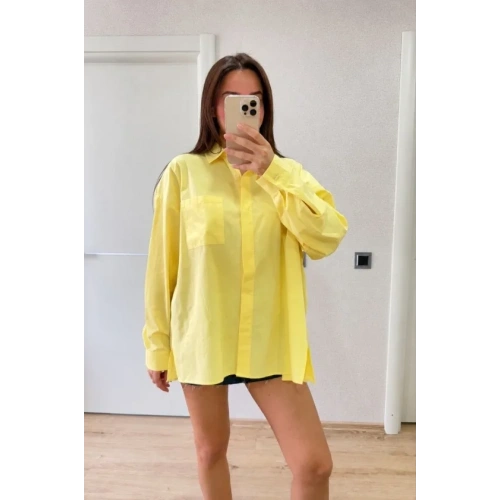 Oversize Pens Detaylı Cepli Yırtmaçlı Rahat Kalıp Poplin Gömlek - Sarı