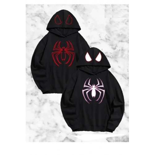 Sevgili Çift Kombini Örümcek Baskılı Kapüşonlu Sweatshirt Hoodie - Siyah