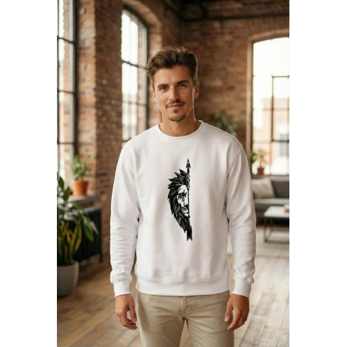 Sevgililer Günü Özel Bisiklet Yaka Aslan Baskılı Oversize Sweatshirt - Beyaz