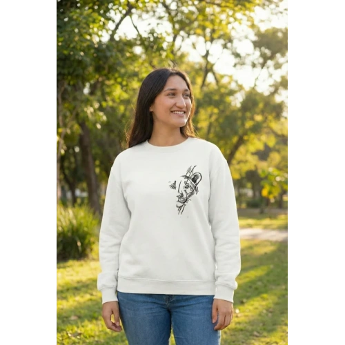 Sevgililer Günü Özel Bisiklet Yaka Baskılı Oversize Sweatshirt - Beyaz