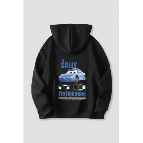 Sevgililer Günü Özel Kapüşonlu Araba Baskılı Oversize Sweatshirt - Siyah