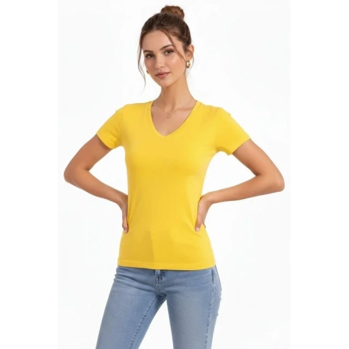 T-Shirt V Yaka Slim Fit Likralı Tişört Günlük Basic Body - Sarı