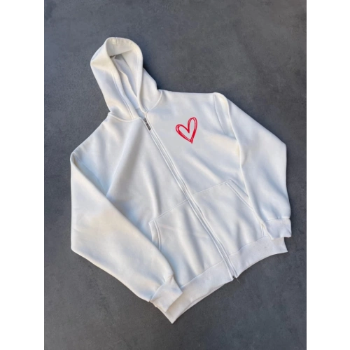 Üç İplik Baskılı Fermuarlı Kapşonlu Hırka - Beyaz